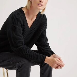 Quince Fisherman V-Neck Sweater 100% Organic Cotton Large Black Chunky Knit Crop